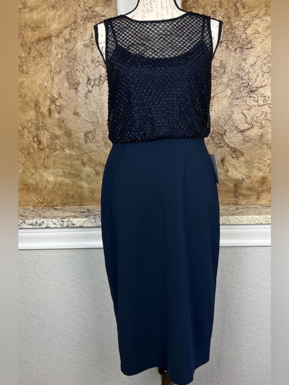 NWT -  Adrianna Papell Navy Beaded Mesh Petite Dress
